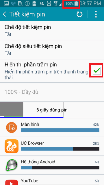 Sau khi chọn, tỉ lệ phần trăm pin sẽ được hiển thị ở góc phải bên trên màn hình.